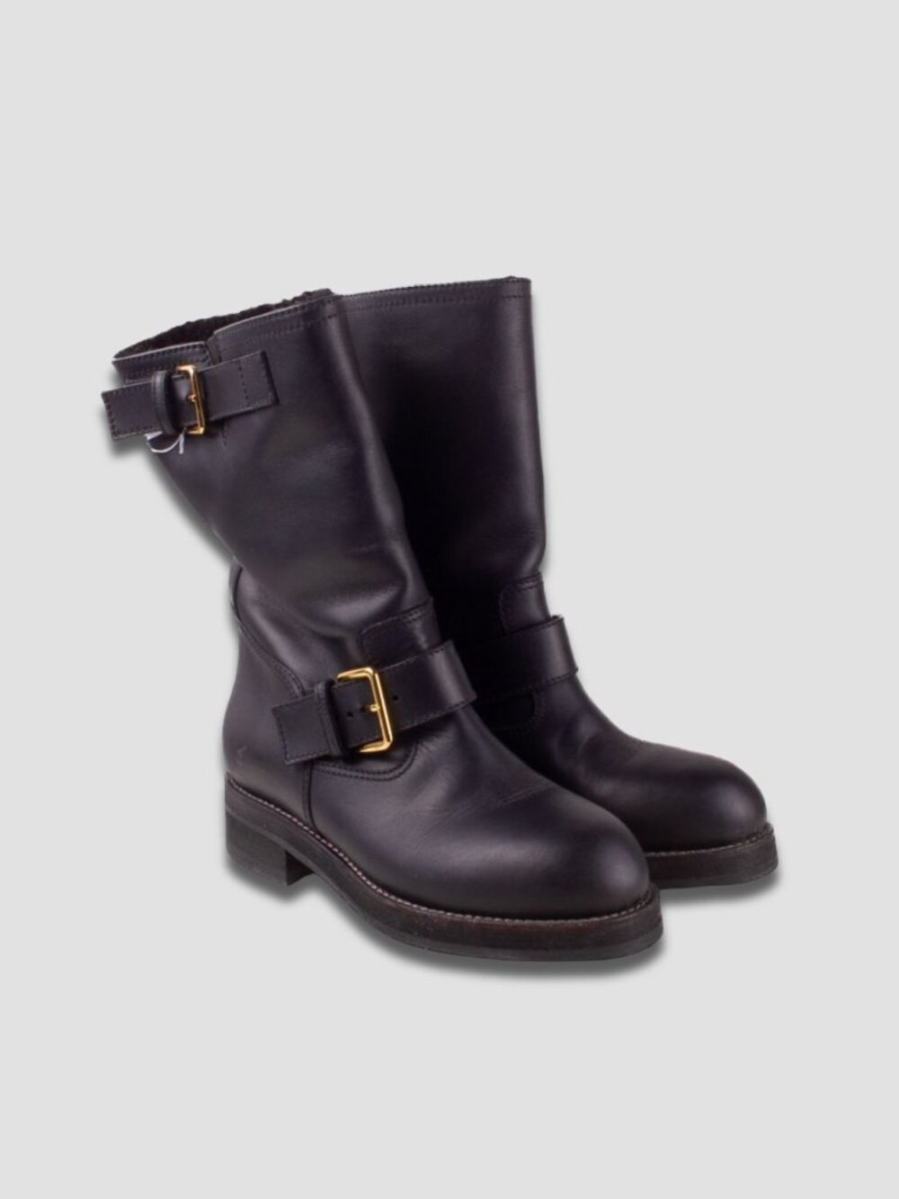 MARNI Black Leather Shearling Lining Moto Style Mid Calf Boots